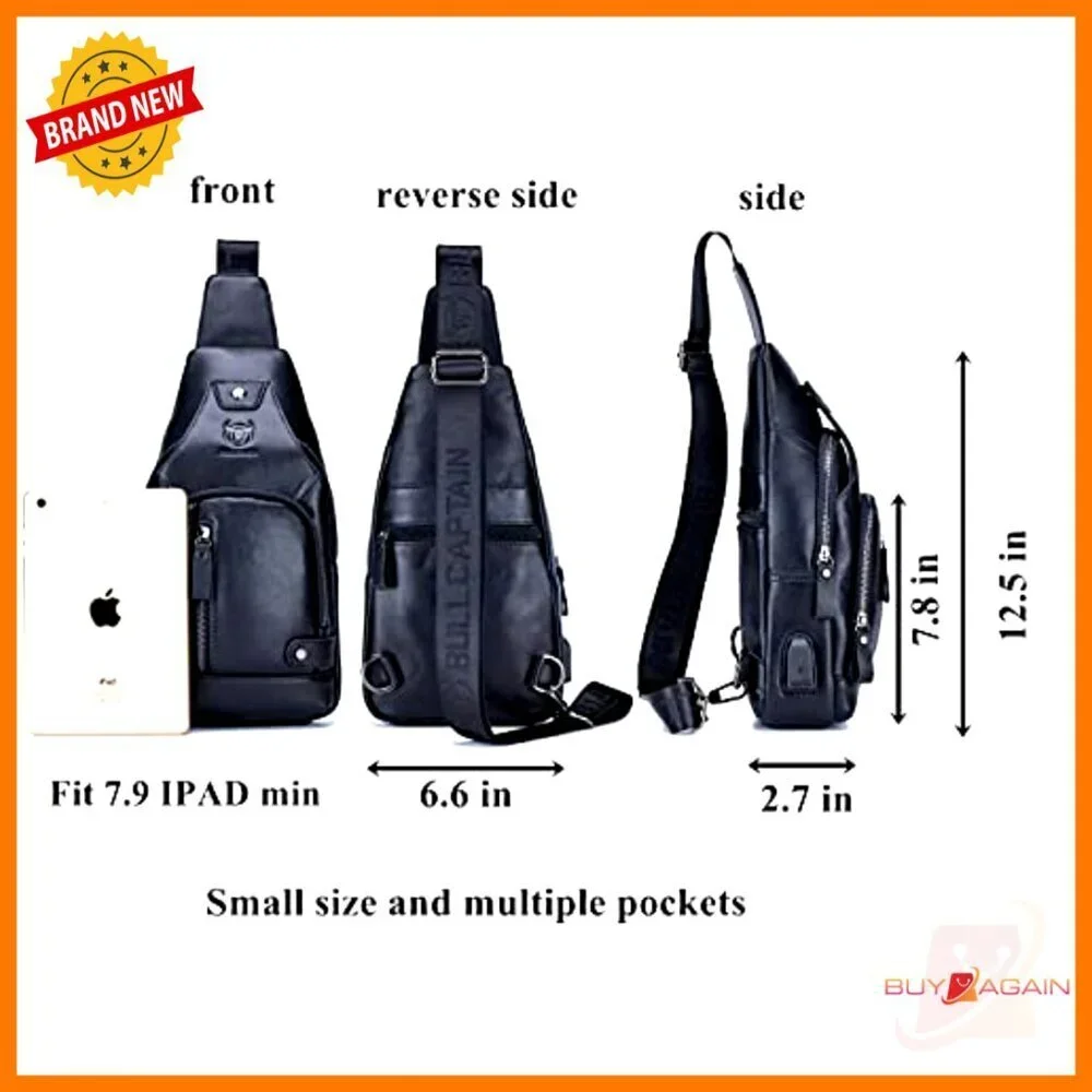Genuine Leather Crossbody Bag with USB Charging Port, Adjustable Strap